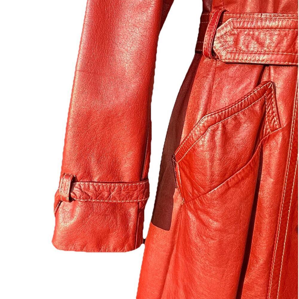 VTG 70s Sears JR Bazaar Leather Trench Coat Women's 7 Rust Red Retro Chic Disco - Picture 9 of 16